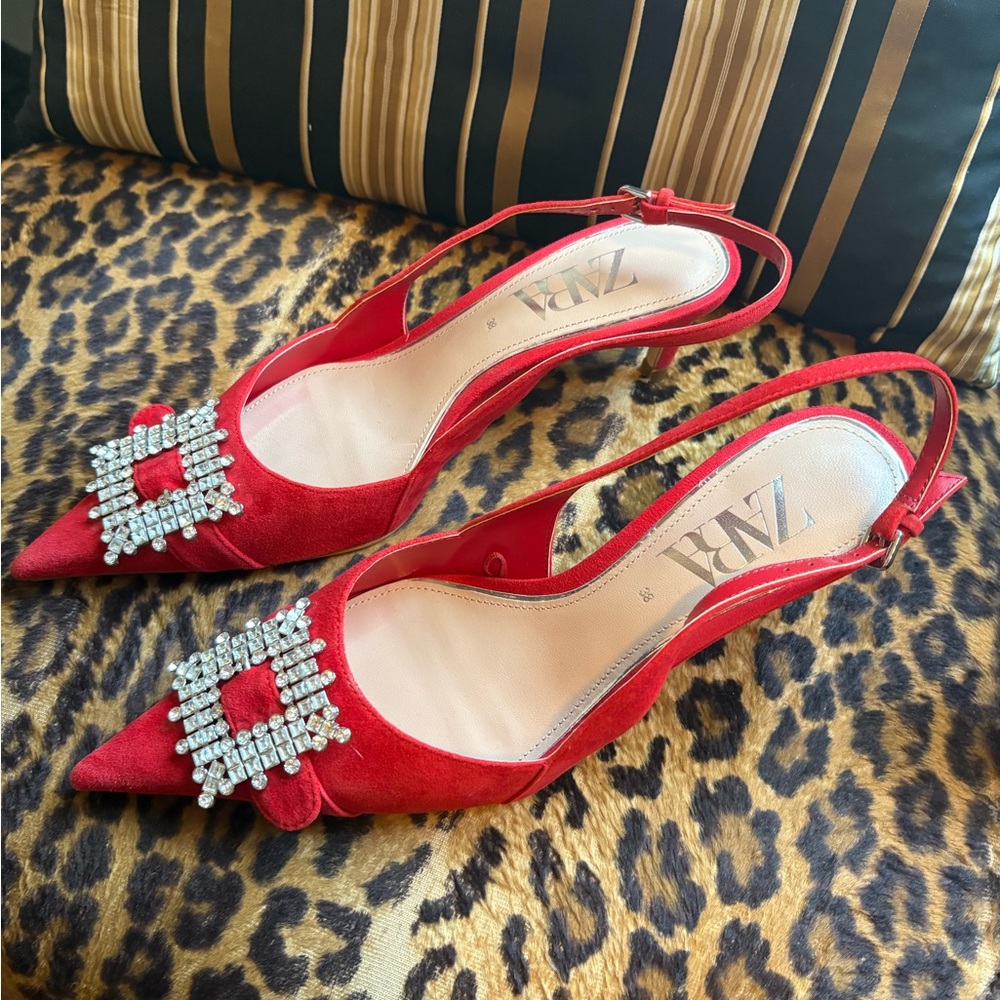 Zara Red Slingback Heels with Rhinestone Buckle